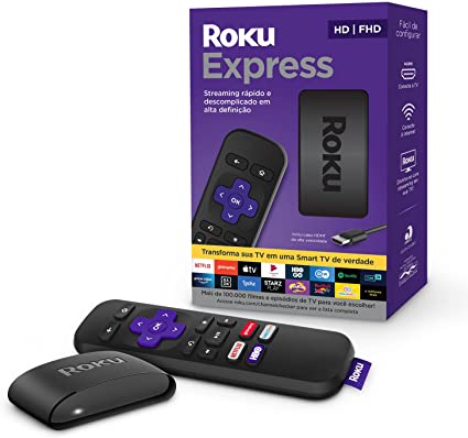 Roku Express - Streaming player Full HD. Transforma sua TV em Smart TV. Com controle remoto e cabo HDMI incluídos.